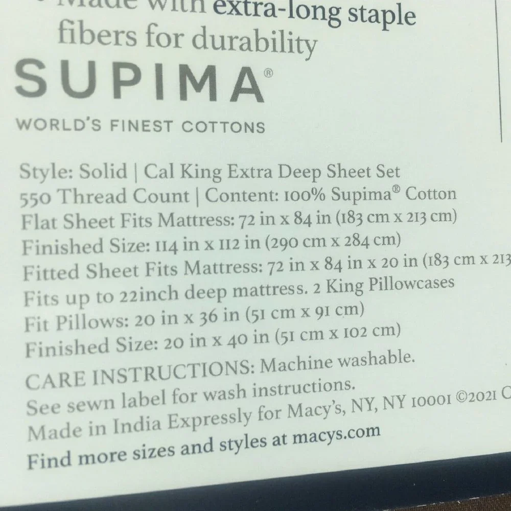 new COFFEE Charter Club Solid 550 TC 100% Cotton CAL KING Extra-Deep Sheet Set